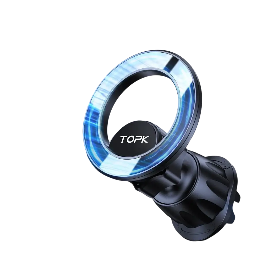 Black magnetic car phone holder for Magsafe with glowing blue ring and Topk branding, front view