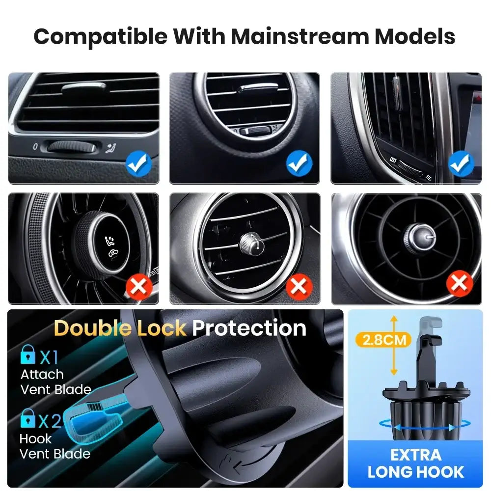 Black plastic topk magnetic car phone holder vent mount with double lock protection and extra long hook back view