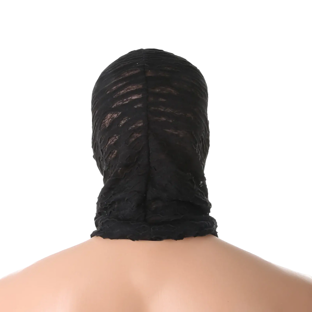 Black lace torn mesh hood mummy mask with textured semi-transparent design and gathered fabric for halloween cosplay