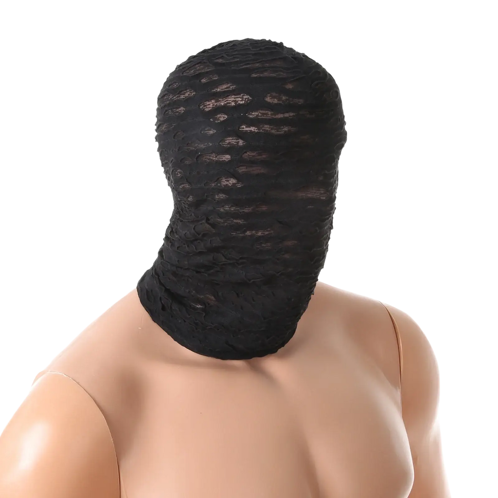 Black lace torn mesh hood mummy mask featuring a textured mesh pattern for halloween cosplay use