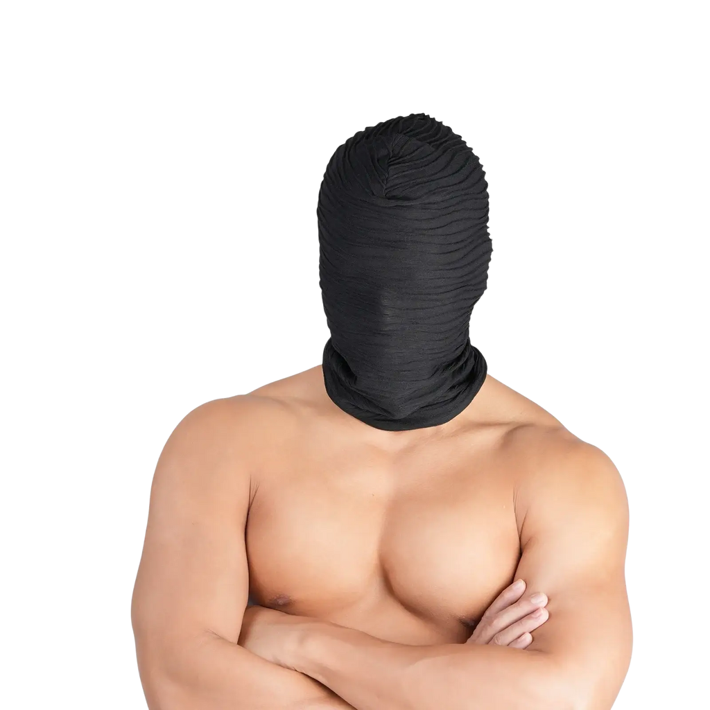 Black ribbed fabric torn mesh hood covering head and neck for mask mummy torn Halloween cosplay use