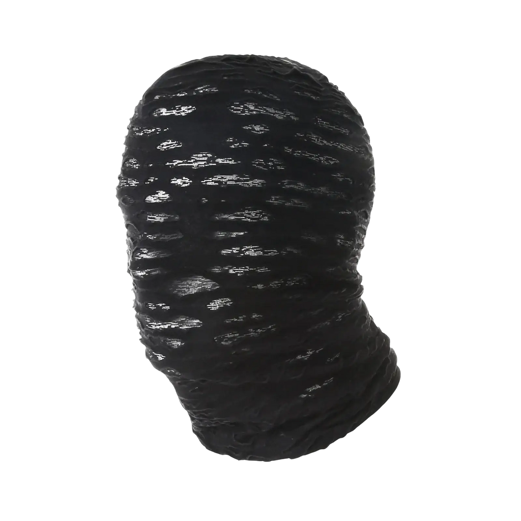 Black textured torn mesh hood balaclava with glossy distressed finish for Halloween mask mummy torn cosplay