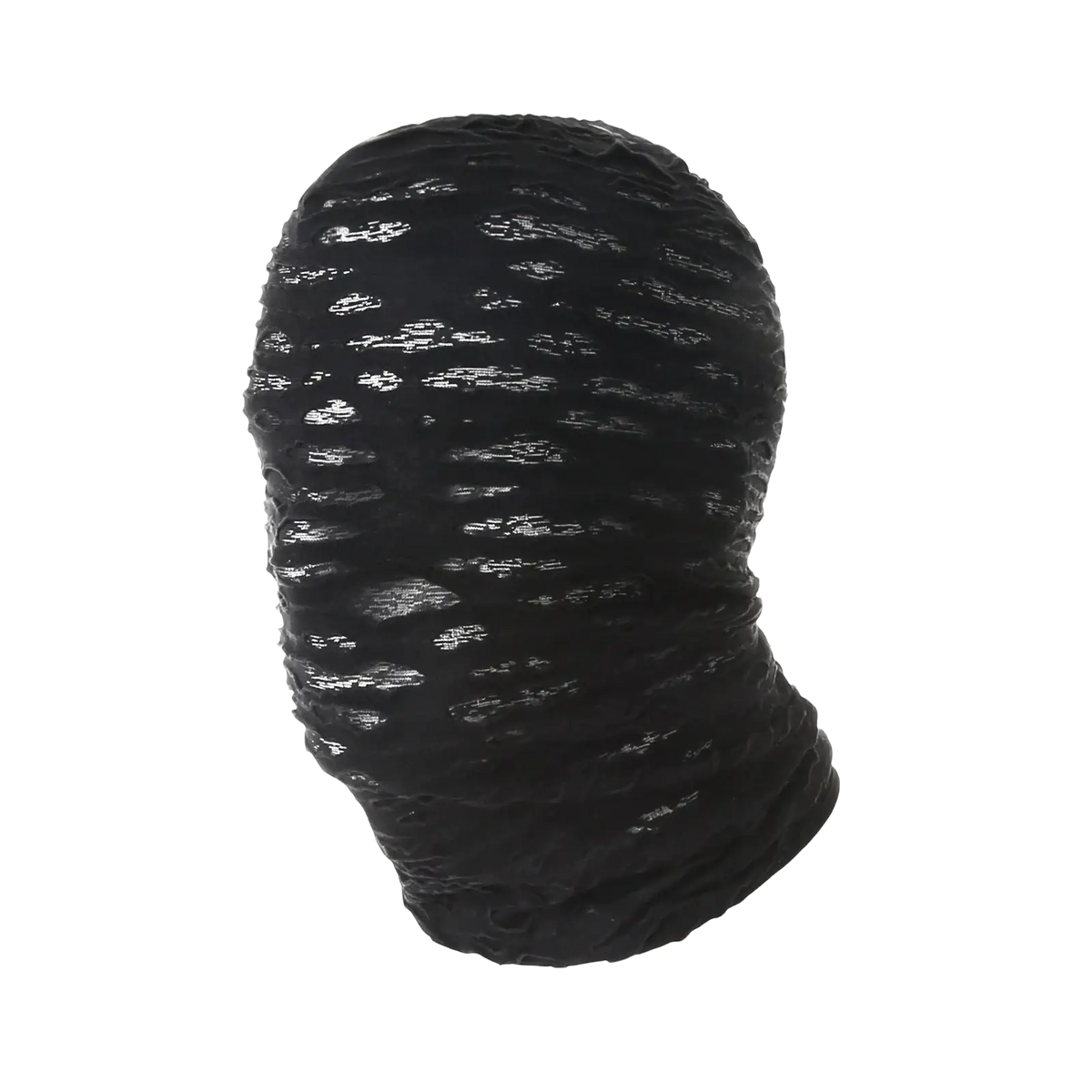 Black textured torn mesh hood balaclava with glossy distressed finish for Halloween mask mummy torn cosplay