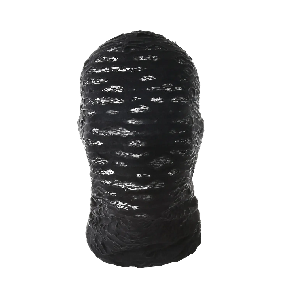 Black textured torn mesh hood mummy mask with glossy wavy pattern resembling scales for Halloween cosplay