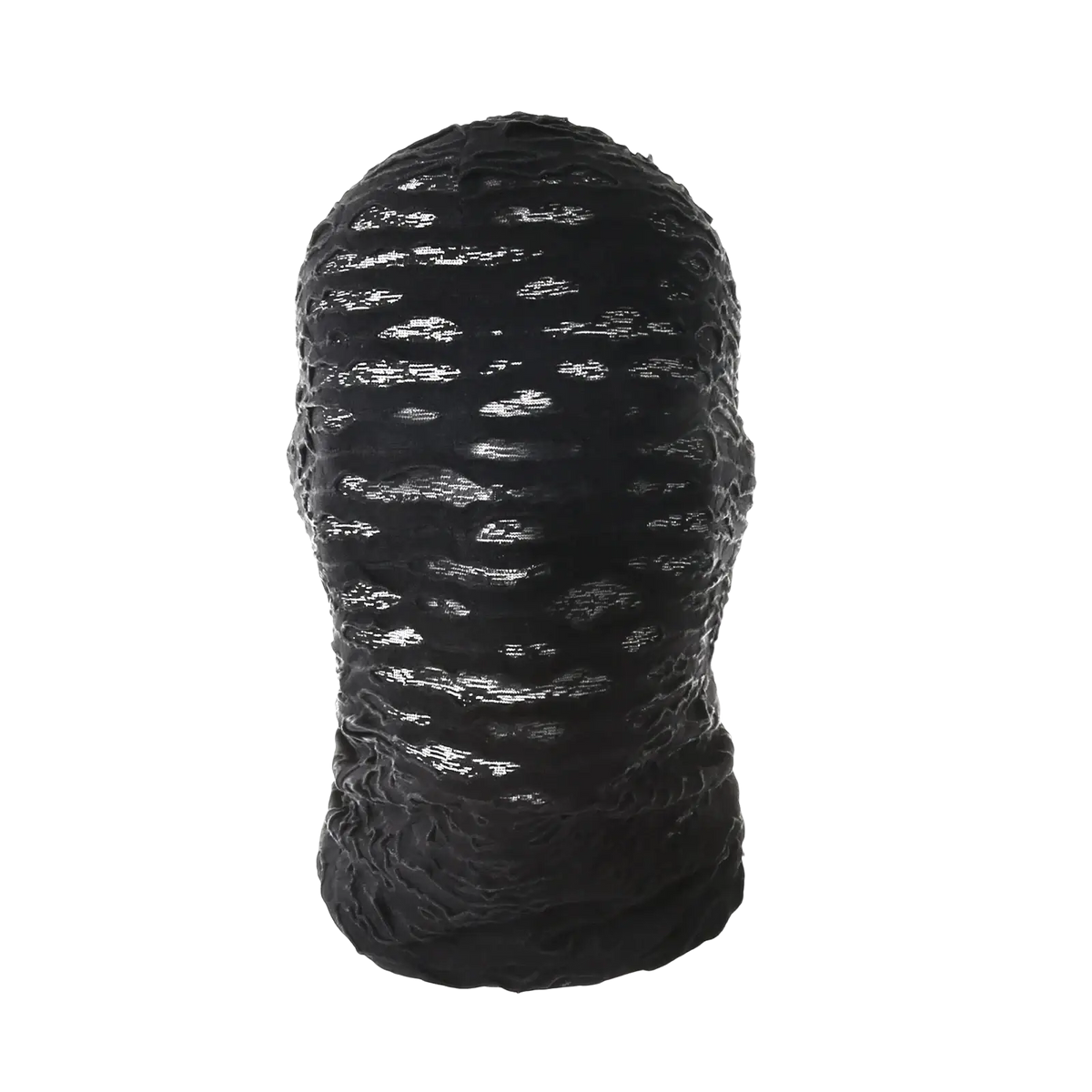 Black textured torn mesh hood mummy mask with glossy wavy pattern resembling scales for Halloween cosplay