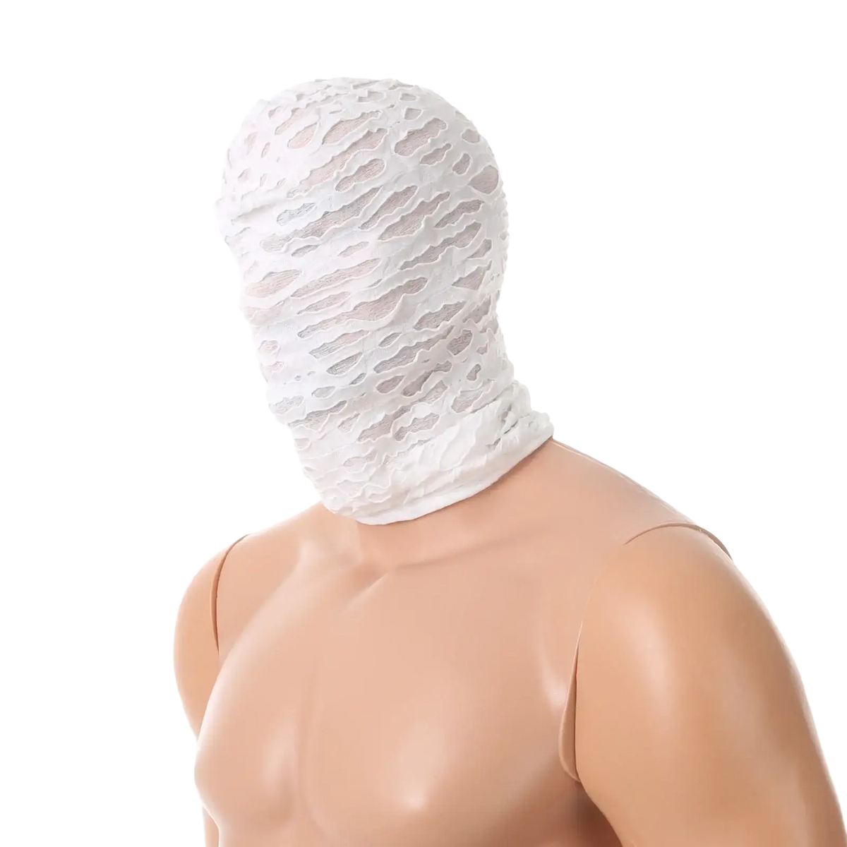 White lace torn mesh hood mummy mask with textured perforated design for halloween cosplay use