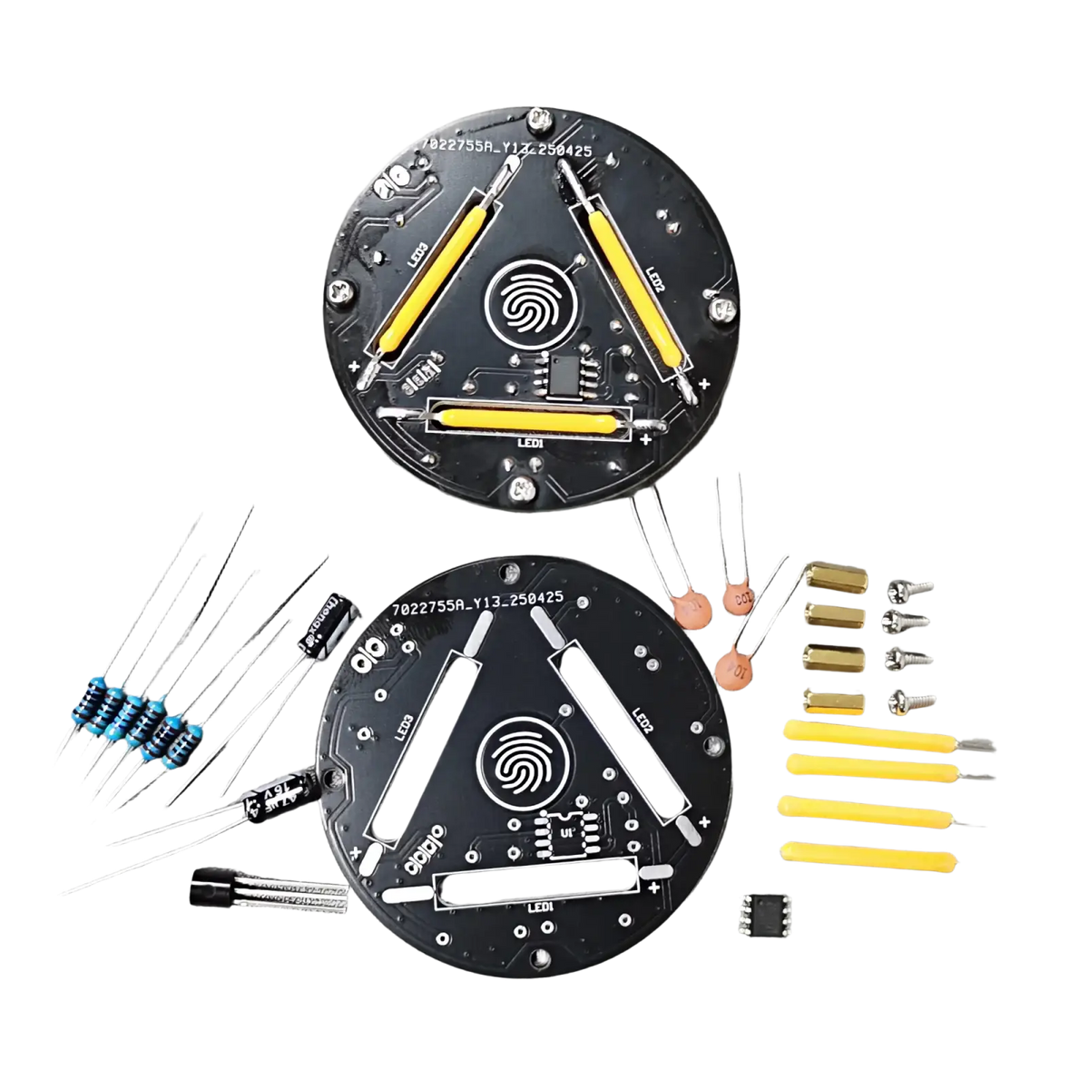 Black circular touch dimming led soldering diy kit with yellow led strips and fingerprint icon circuitry components