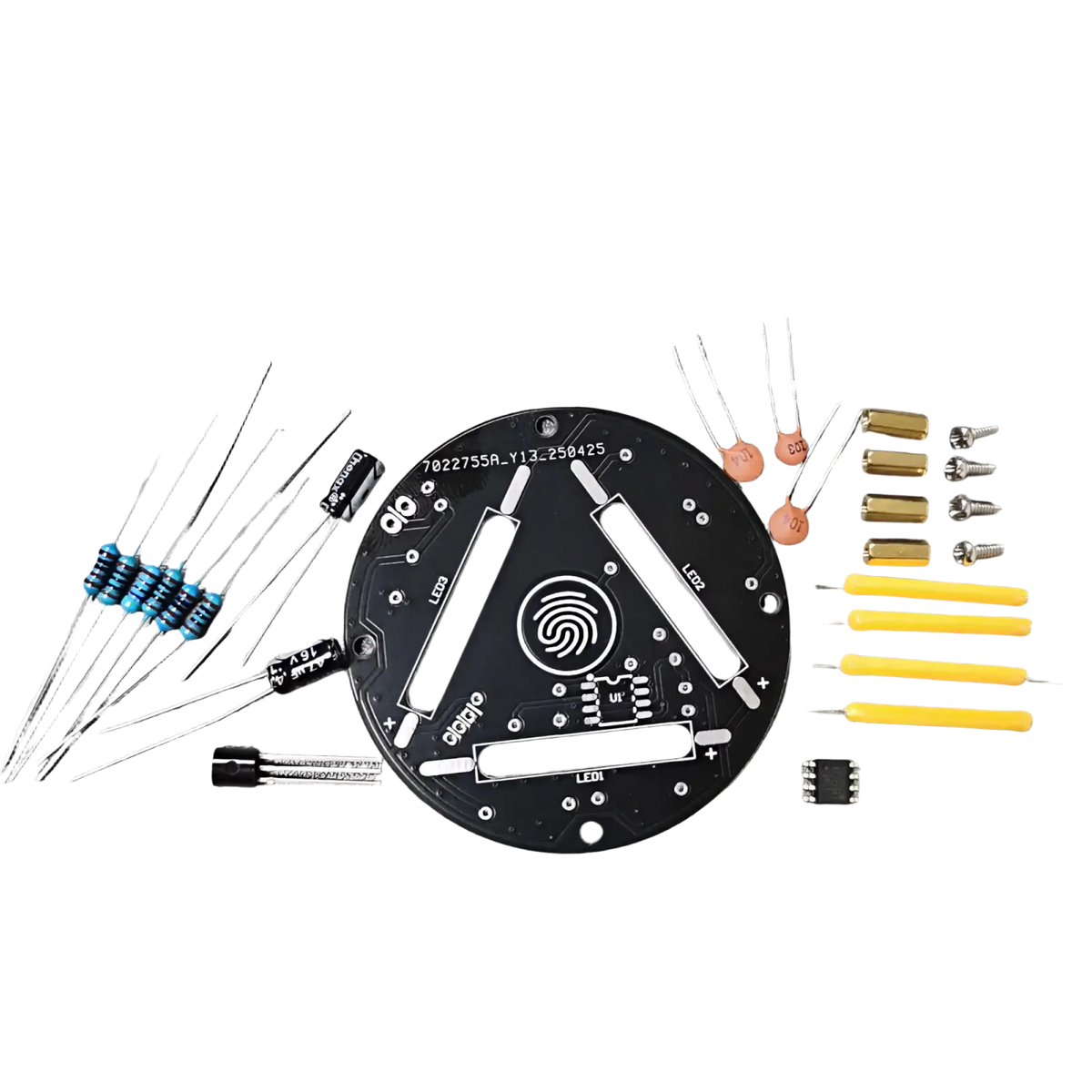 Black circular circuit board with fingerprint sensor and labeled components for touch dimming led soldering diy kit