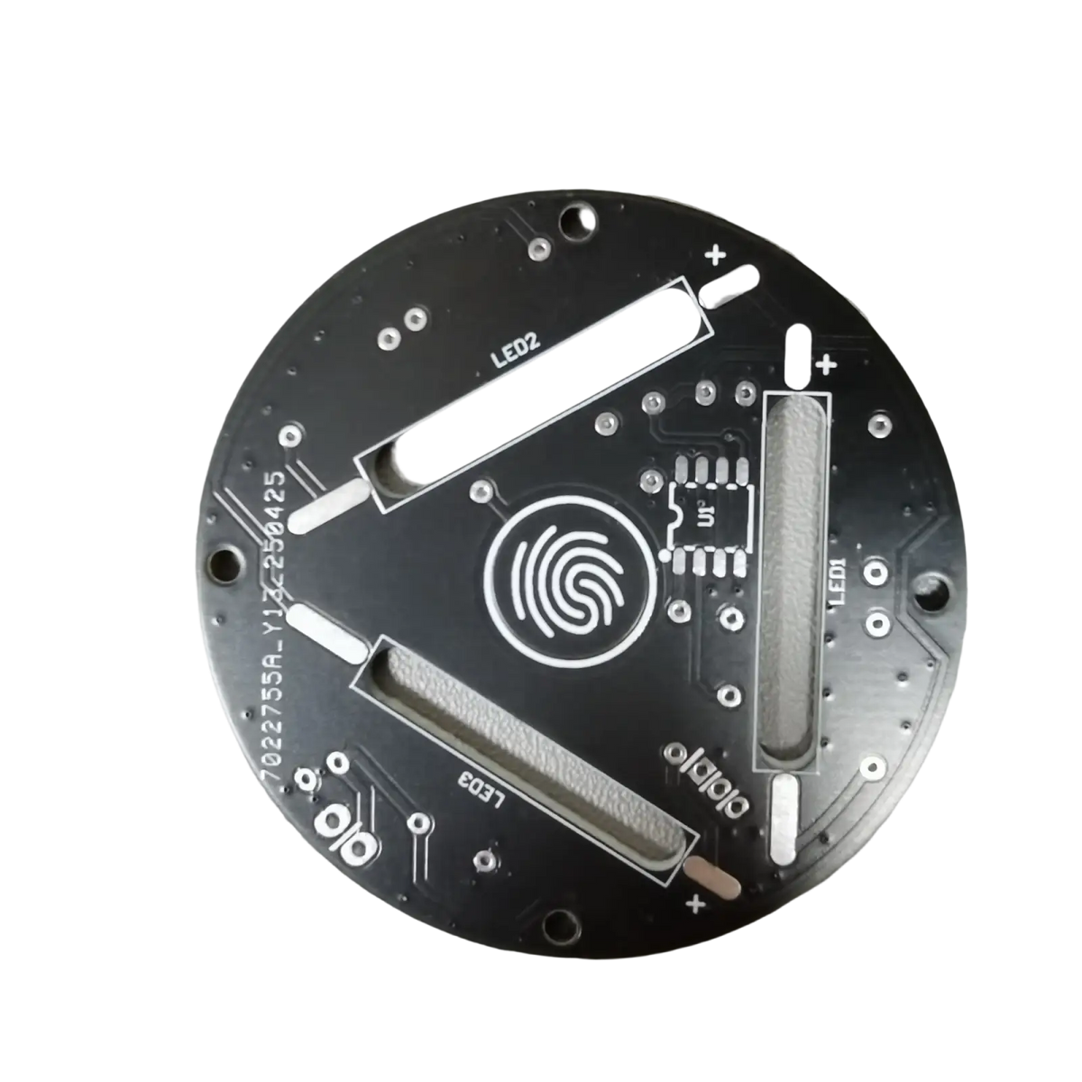 Black circular circuit board with white etched pathways and labeled components including led2 and fingerprint icon for touch dimming led soldering diy kit