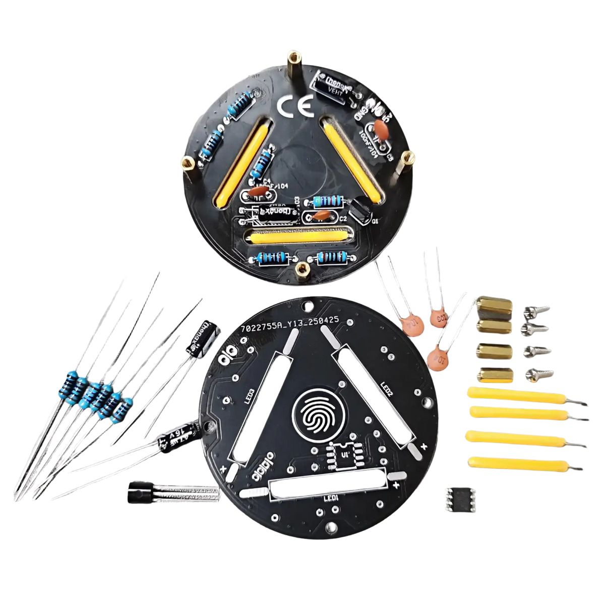 Black circular circuit board with yellow led strips and electronic components for touch dimming led soldering diy kit