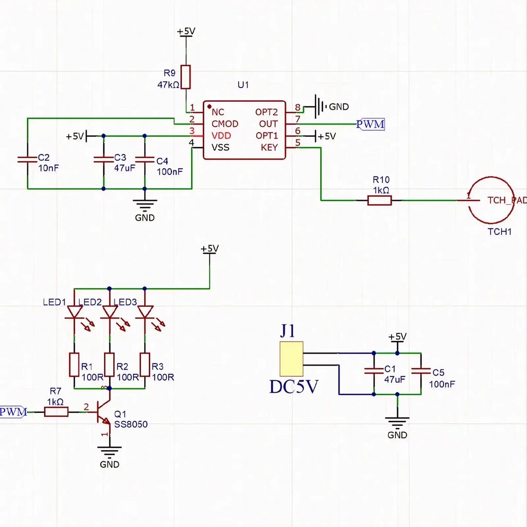 Schematic diagram of touch dimming led soldering diy kit showing resistors capacitors leds and integrated circuits