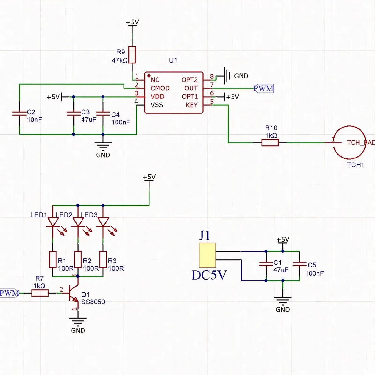 Schematic diagram of touch dimming led soldering diy kit showing resistors capacitors leds and integrated circuits