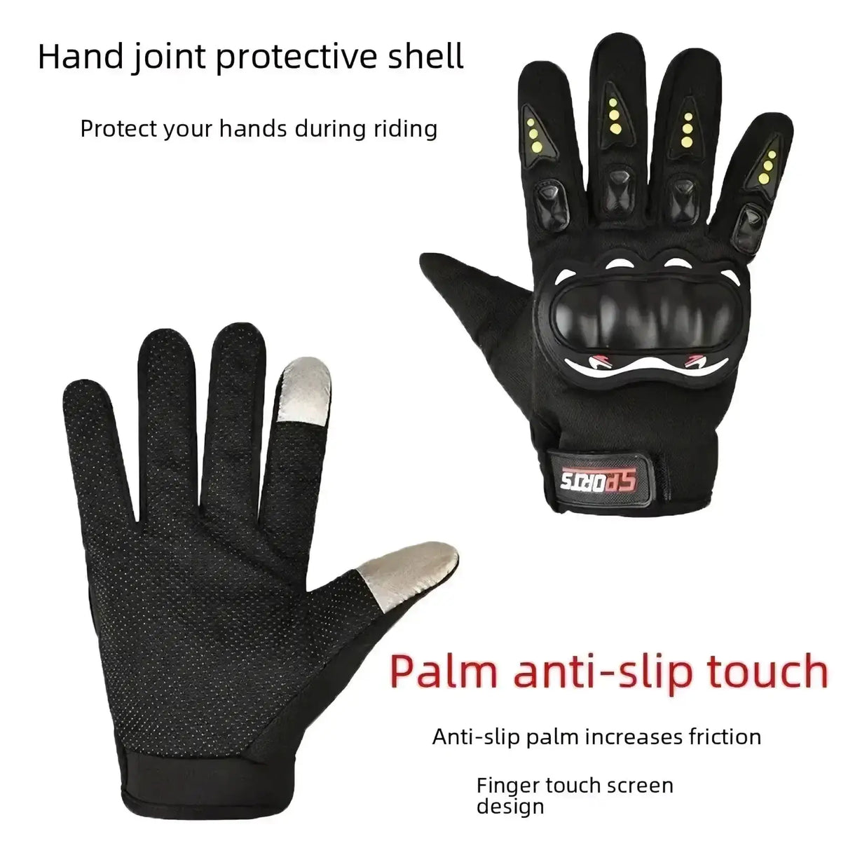Black full finger touch screen motorcycle gloves with reinforced protective shells and silver fingertips for off road use