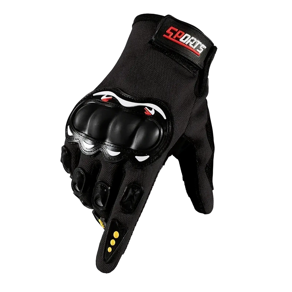 Black full finger touch screen motorcycle glove with reinforced knuckle padding and red sports logo on wrist back side