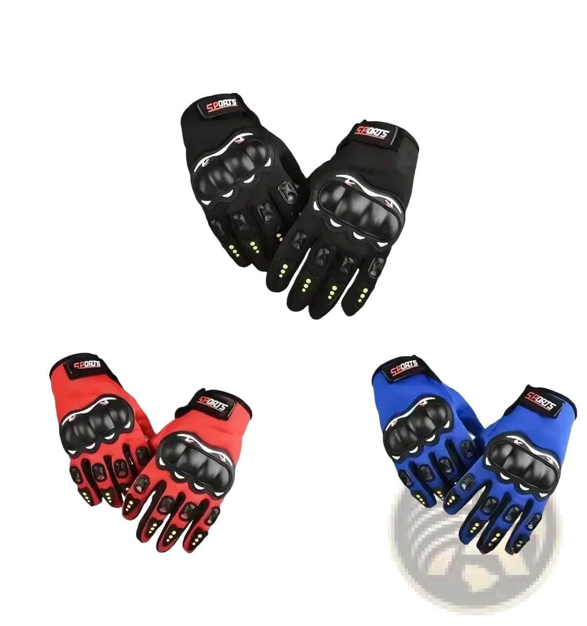 Back side of black red and blue full finger touch screen motorcycle gloves with reinforced knuckle padding and sports logo