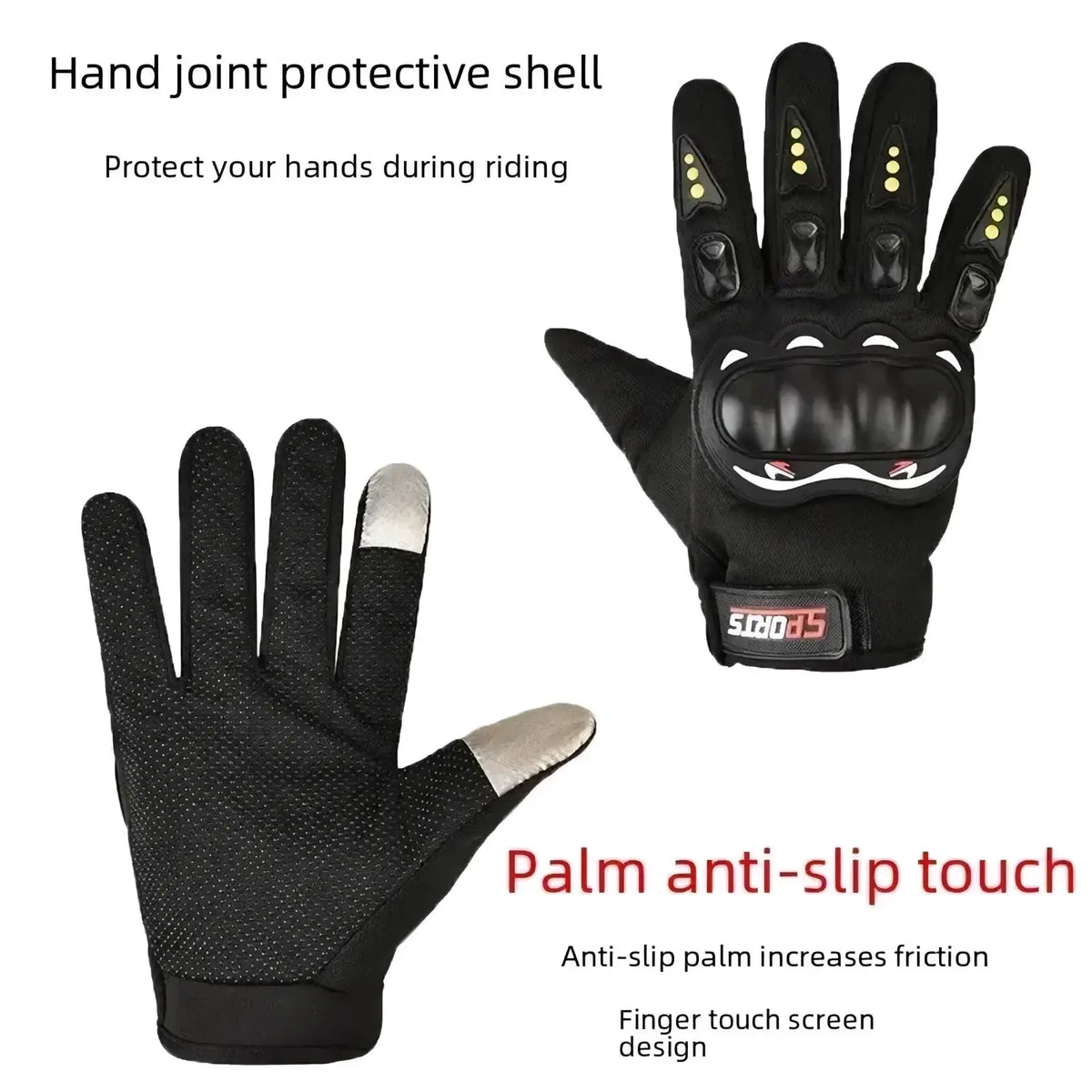 Black full finger motorcycle gloves with reinforced joint shells silver fingertips and touchscreen-compatible palm design