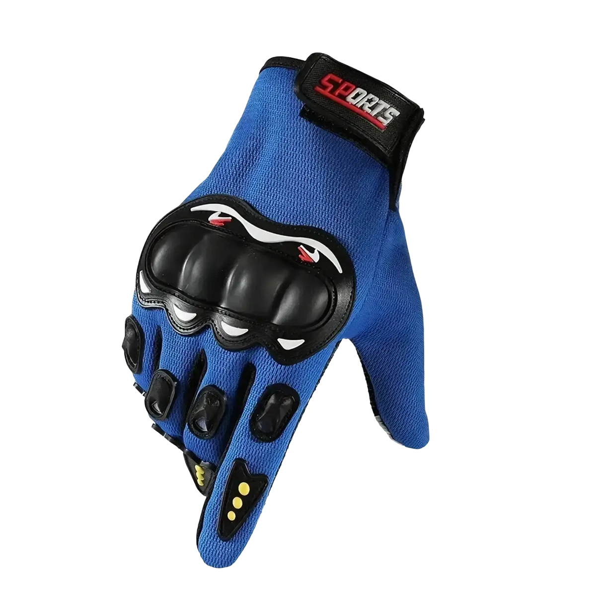 Blue full finger touch screen motorcycle gloves with black padding and yellow accents for off road use back view