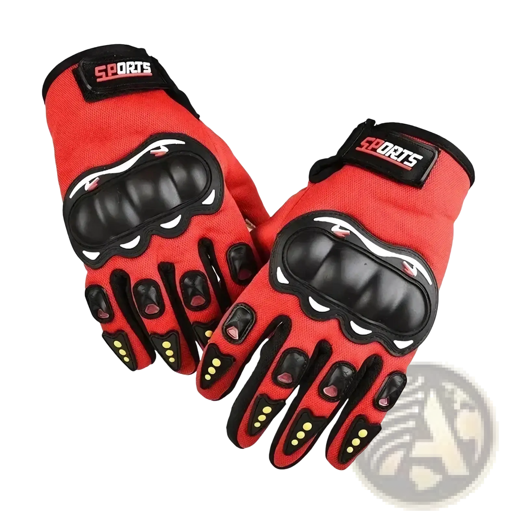 Back side of red and black full finger touch screen motorcycle gloves with reinforced padding and sports logo patch