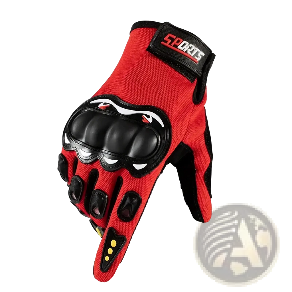 Back side of red and black touch screen motorcycle gloves with reinforced knuckle padding and yellow accent dots
