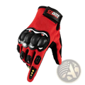 Back side of red and black touch screen motorcycle gloves with reinforced knuckle padding and yellow accent dots
