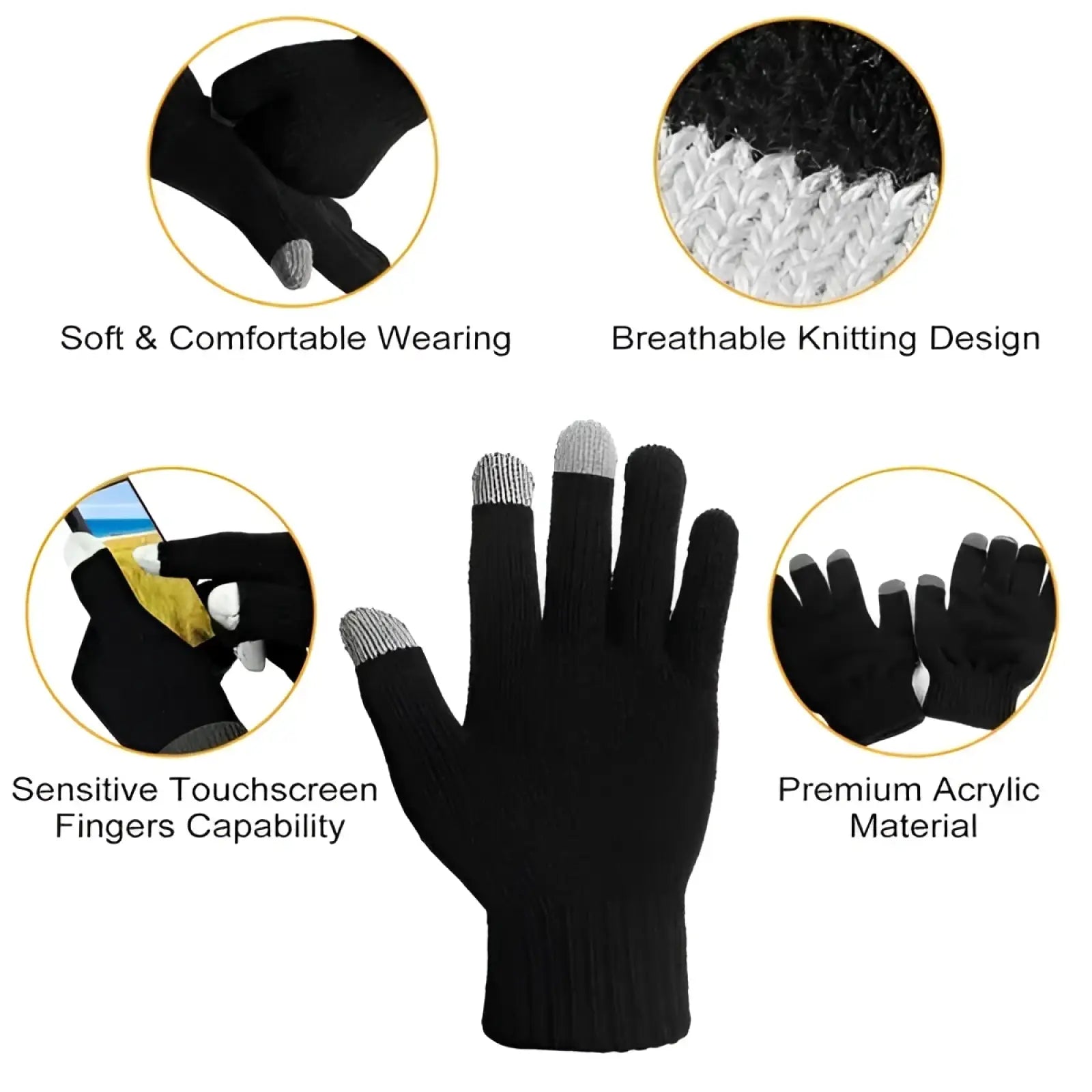 Black touchscreen winter gloves with gray acrylic fingertips knit for warm texting use