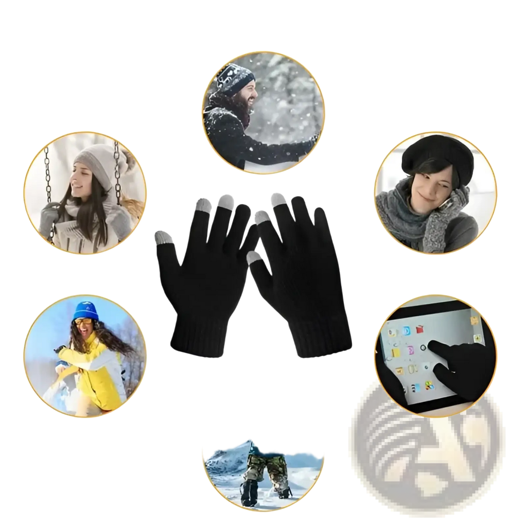 Black knit touchscreen winter gloves with silver fingertips designed for warm texting and outdoor activities