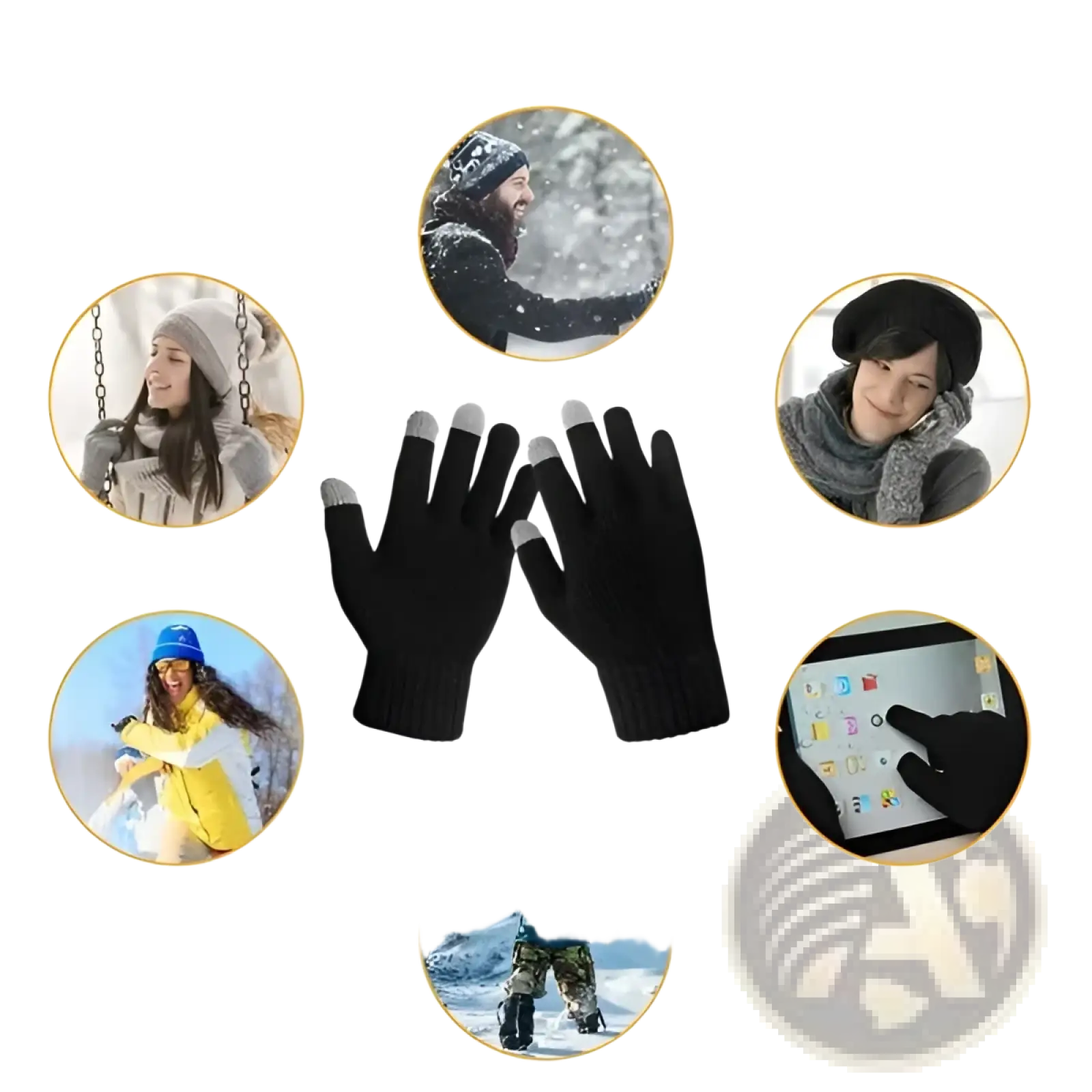 Black knit touchscreen winter gloves with silver fingertips designed for warm texting and outdoor activities