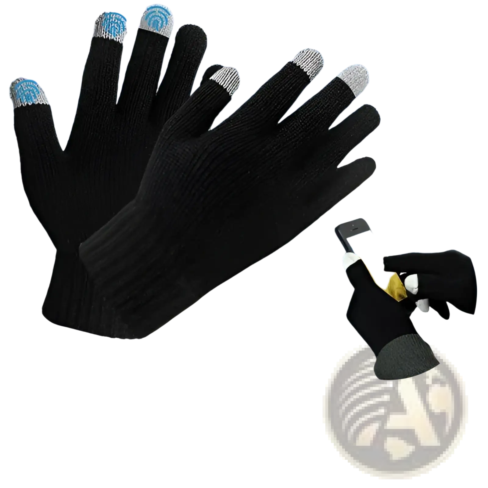 Black knitted touchscreen winter gloves with light blue and gray fingertips designed for warm texting use