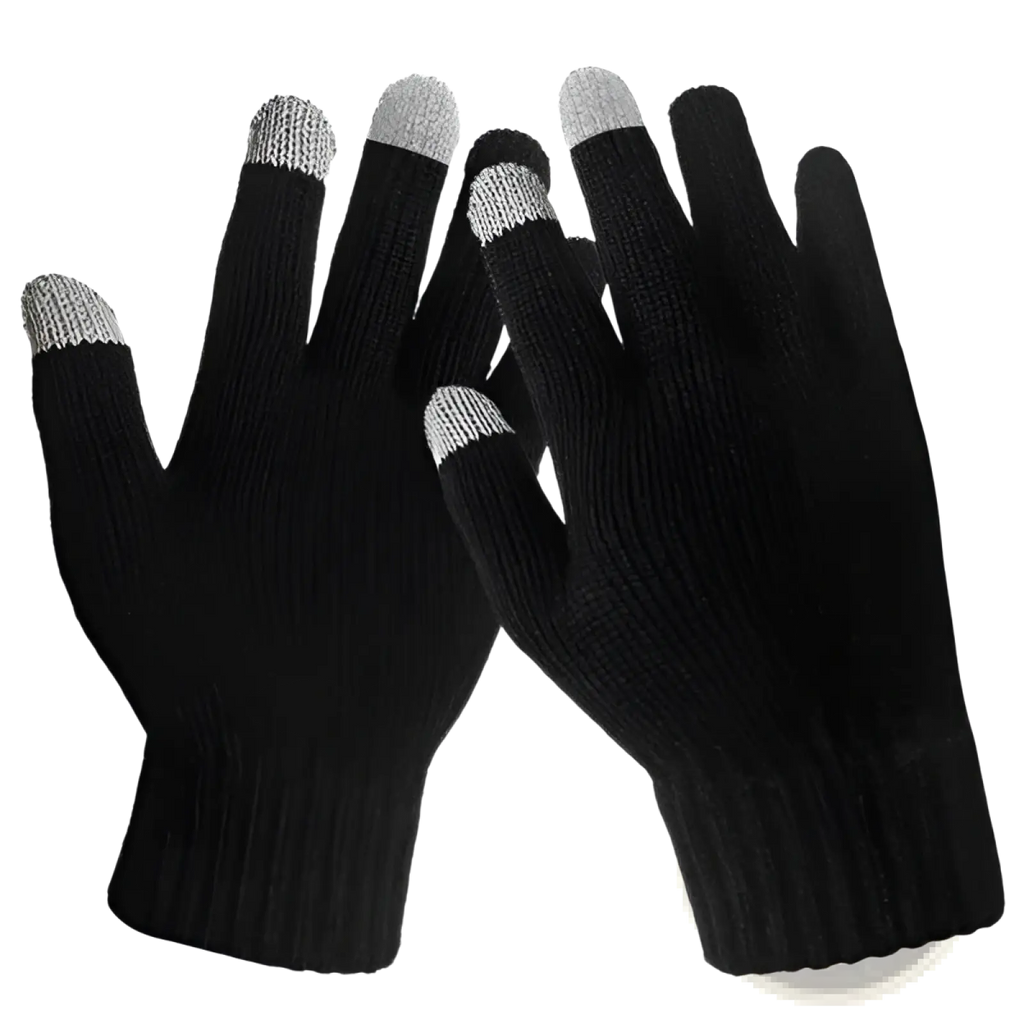 Black knitted touchscreen gloves with gray fingertips designed for warm winter texting use