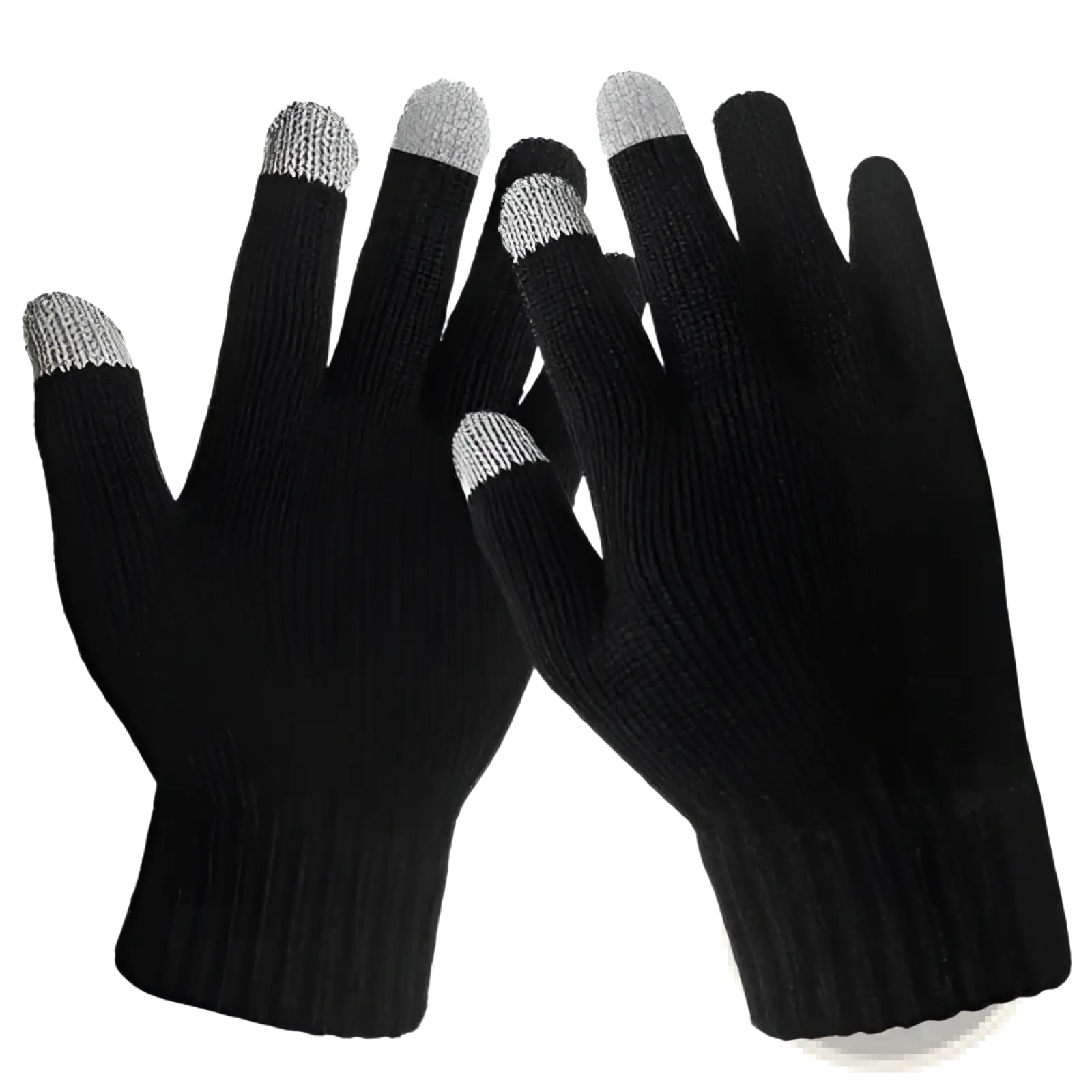 Black knitted touchscreen gloves with gray fingertips designed for warm winter texting use