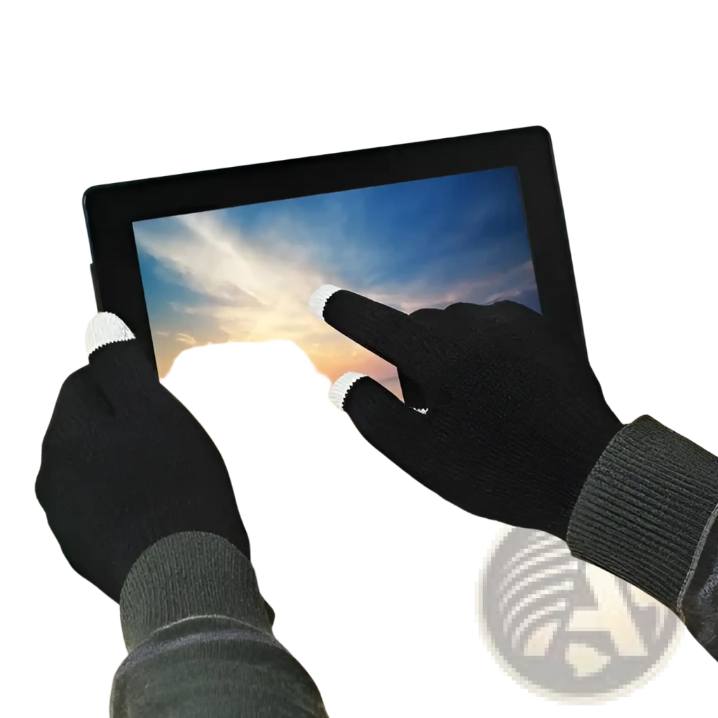 Black knit touchscreen winter gloves with white fingertips designed for warm texting and tablet use