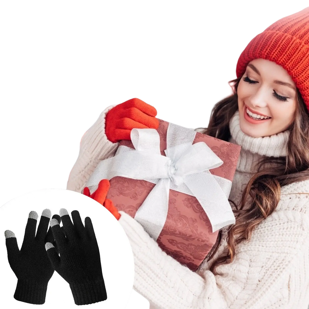 Black touchscreen winter gloves with silver conductive fingertips designed for men and women for cold weather use