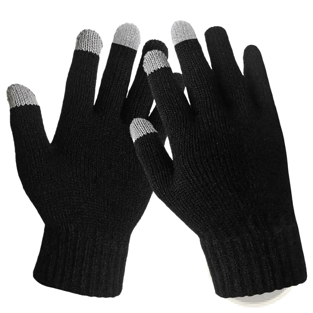 Touch screen winter gloves for men and women in black knitted fabric with gray touchscreen fingertips shown from back side