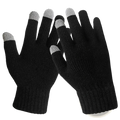 Touch screen winter gloves for men and women in black knitted fabric with gray touchscreen fingertips shown from back side