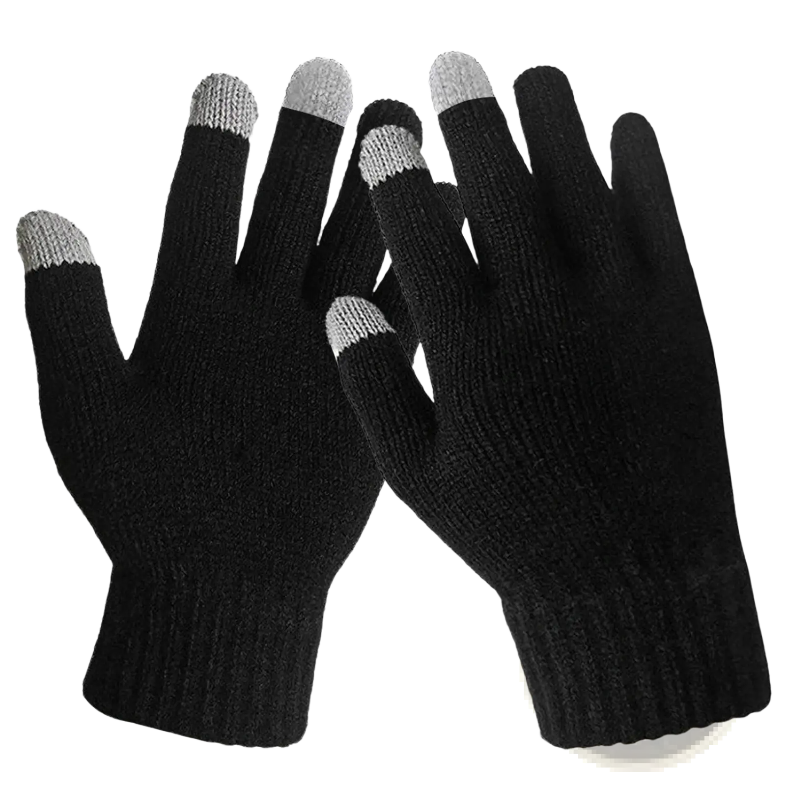 Touch screen winter gloves for men and women in black knitted fabric with gray touchscreen fingertips shown from back side