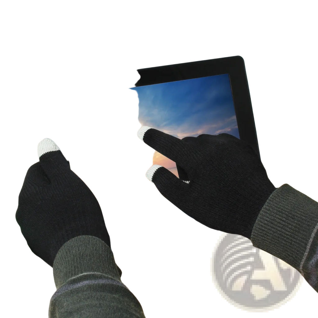 Black touchscreen winter gloves with white-tipped fingers designed for use with tablets for men and women