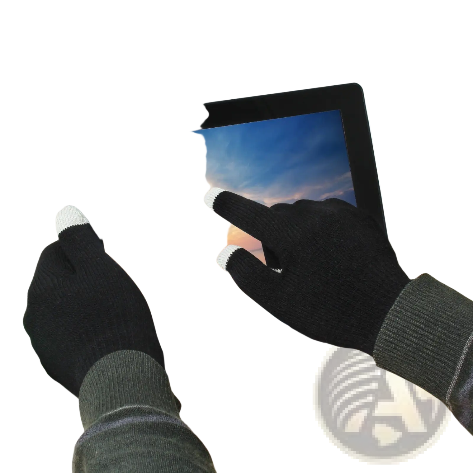 Black touchscreen winter gloves with white-tipped fingers designed for use with tablets for men and women