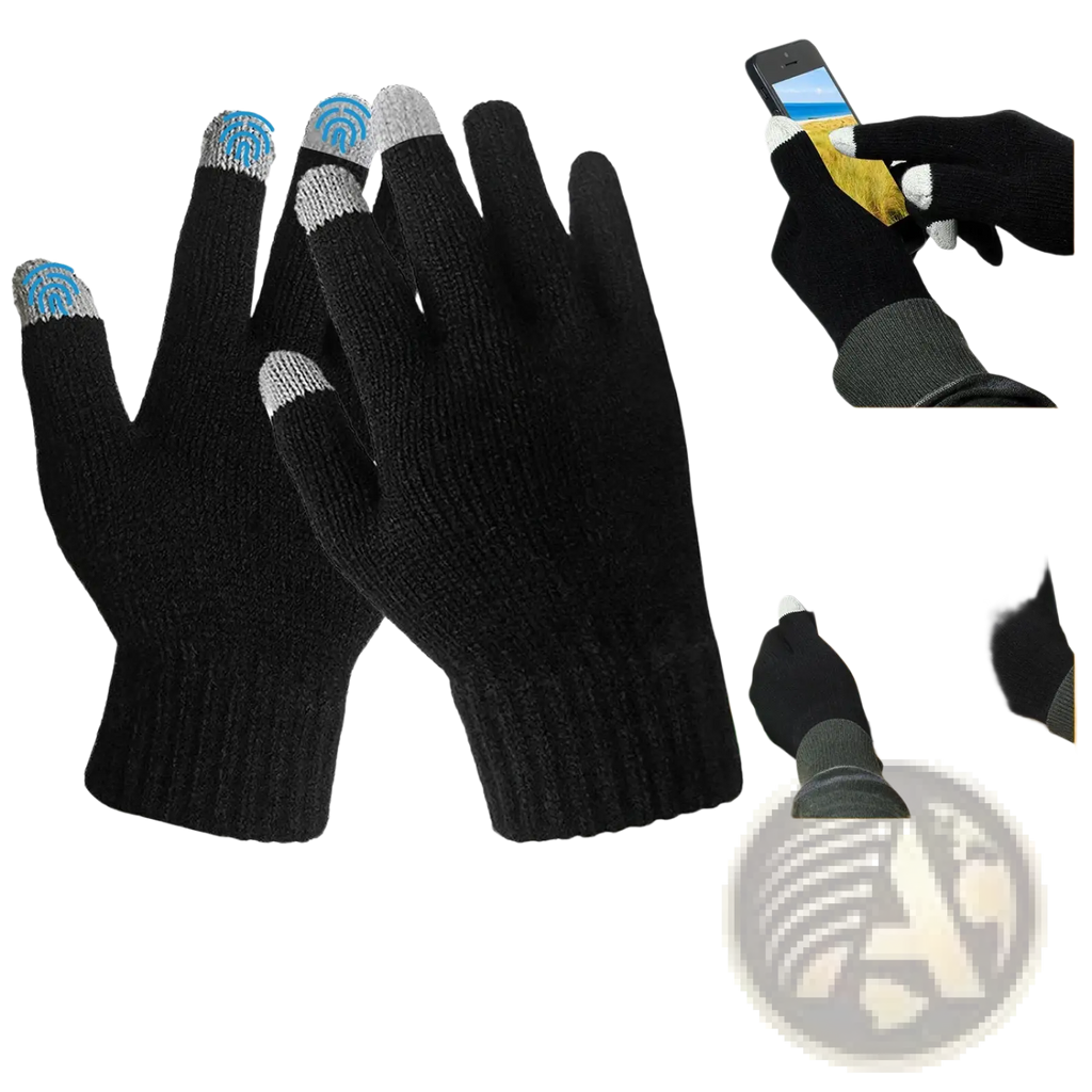 Black knitted touchscreen winter gloves for men and women with silver and blue textured fingertips for smartphones and tablets