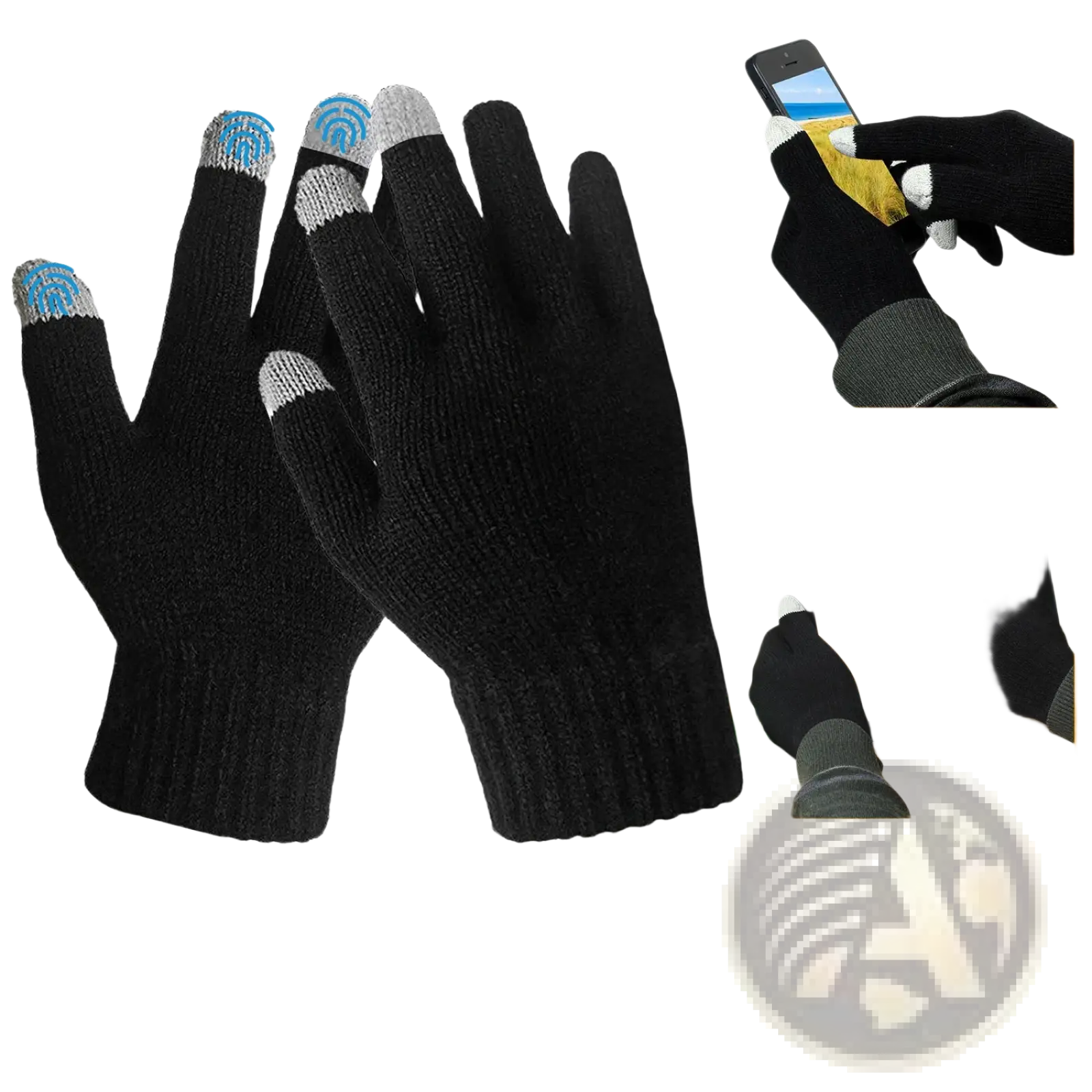 Black knitted touchscreen winter gloves for men and women with silver and blue textured fingertips for smartphones and tablets