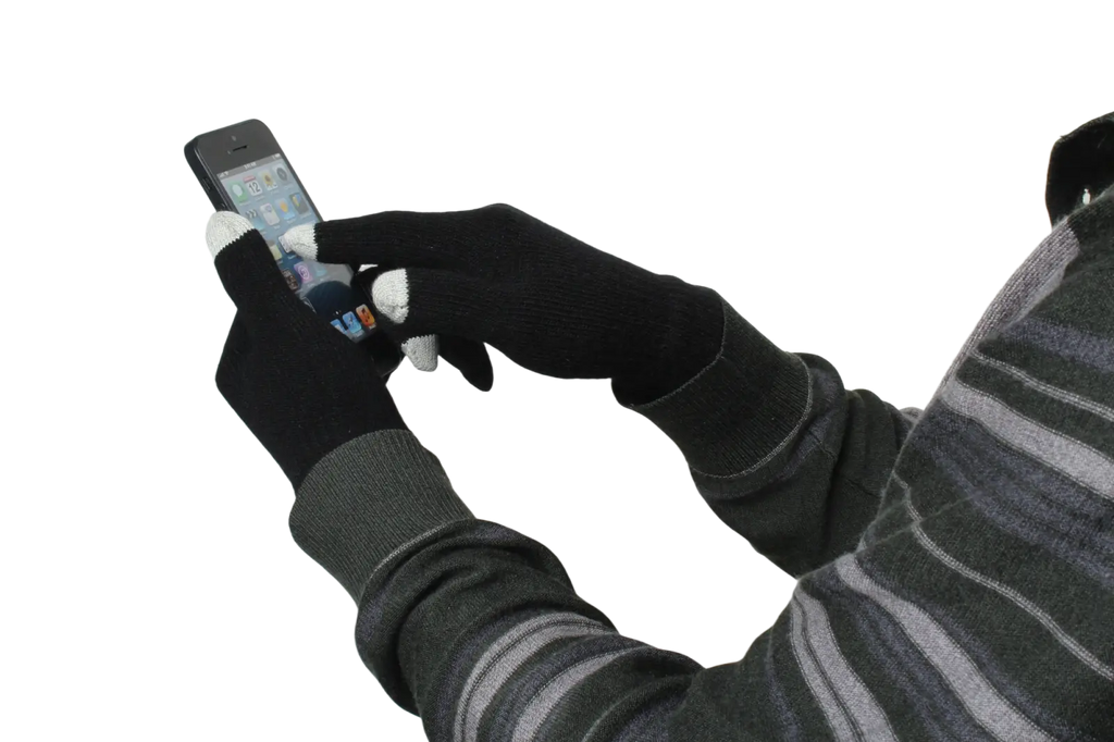 Black touchscreen winter gloves with white fingertips for men and women designed for smartphone use