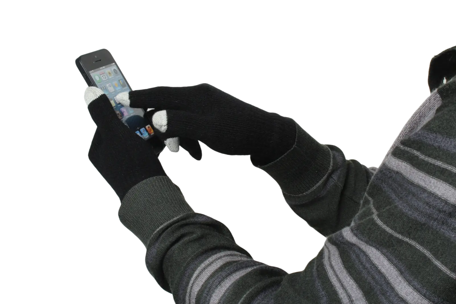 Black touchscreen winter gloves with white fingertips for men and women designed for smartphone use