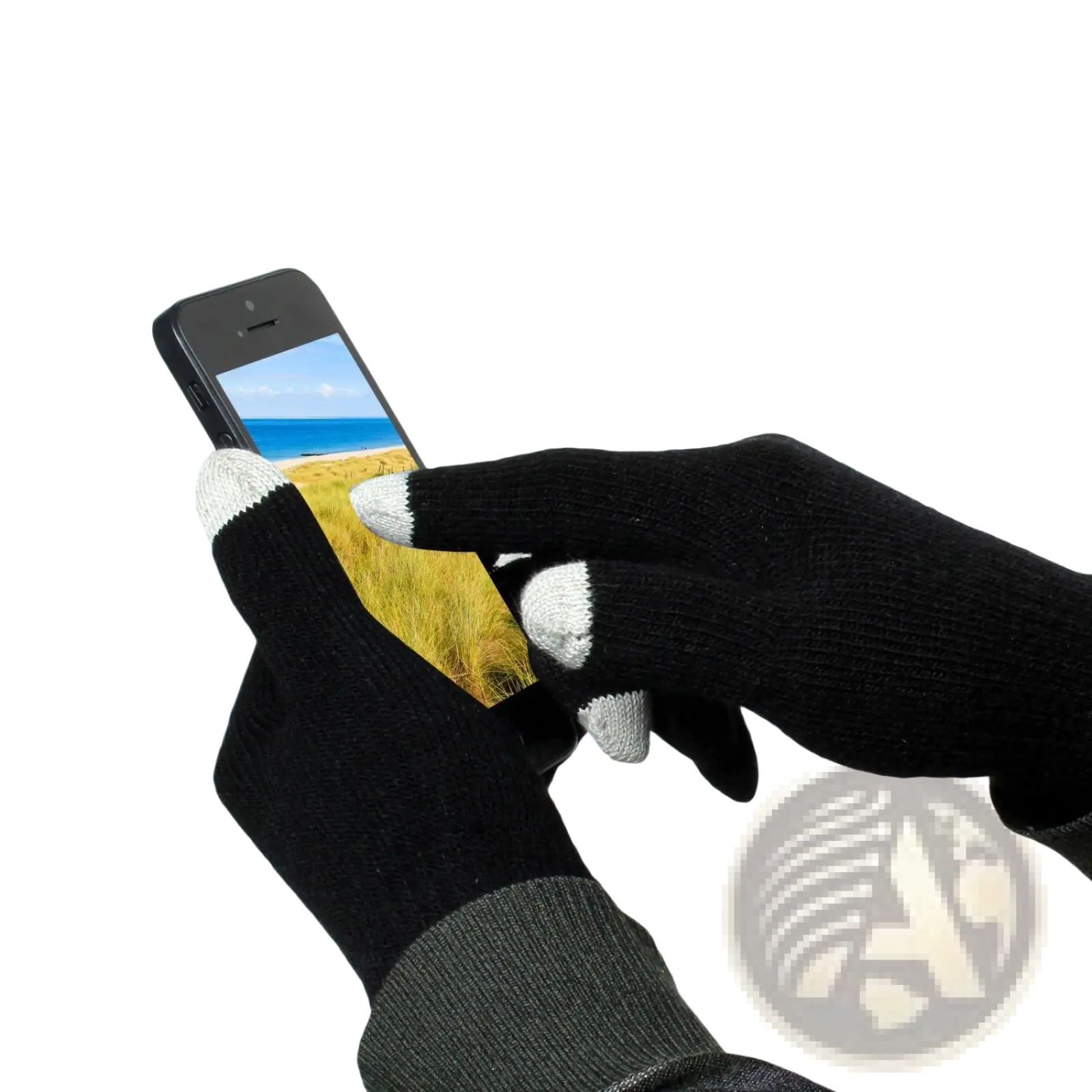 Black and white knit fabric touch screen winter gloves for men and women designed for warmth and phone use in cold weather