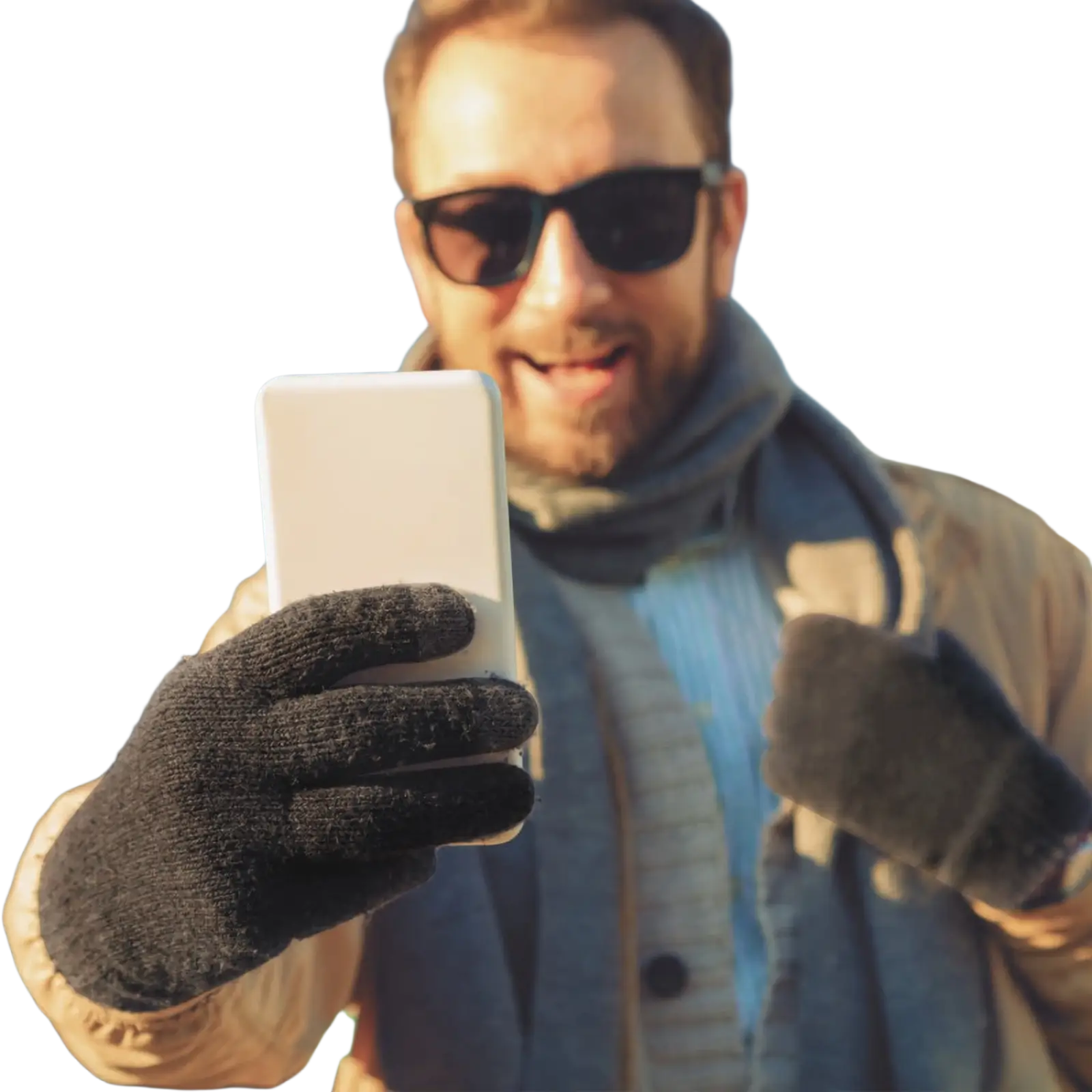 Black knitted touchscreen winter gloves for men and women holding a white smartphone in hand