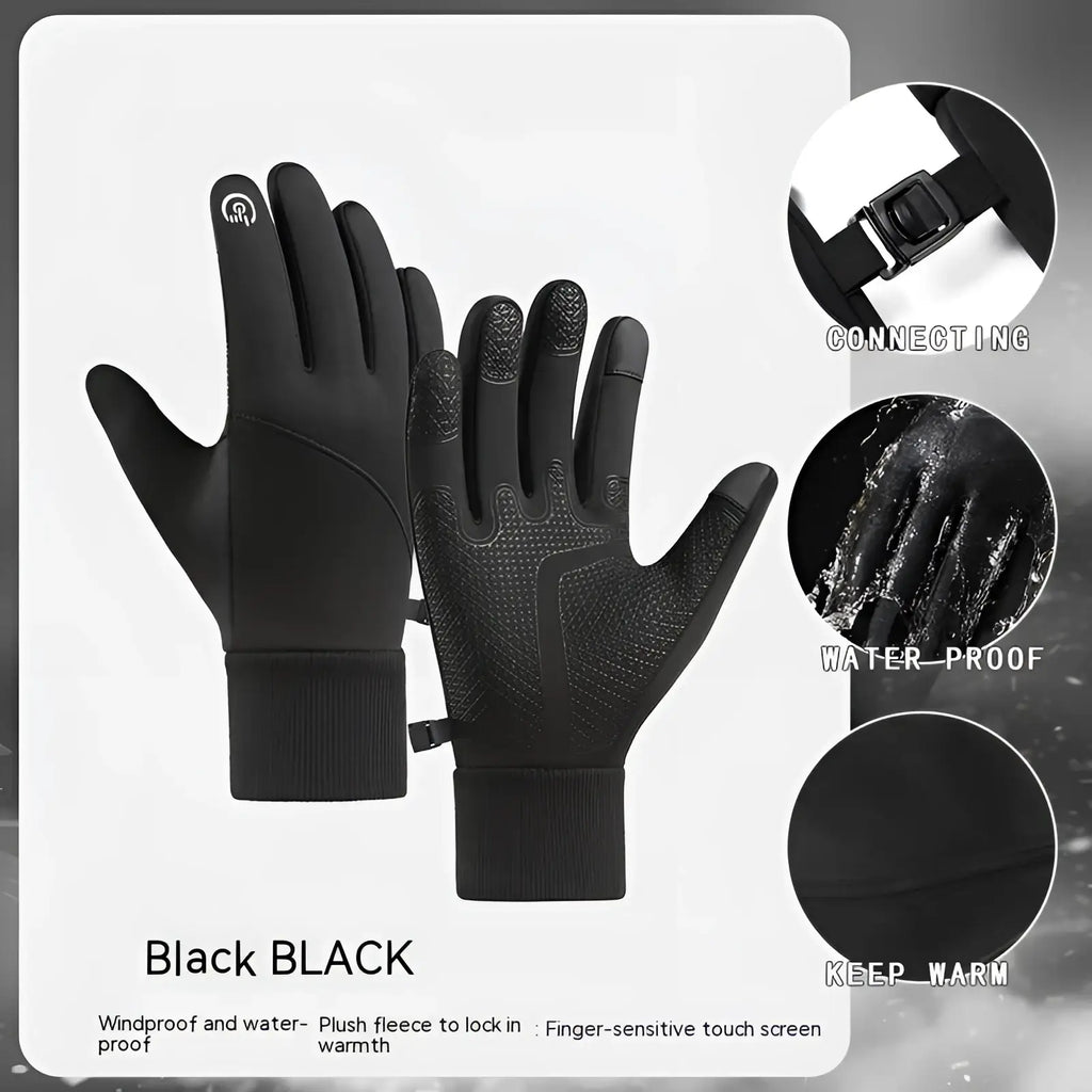 Black touchscreen winter gloves with water-resistant textured exterior and plush fleece interior for sports use