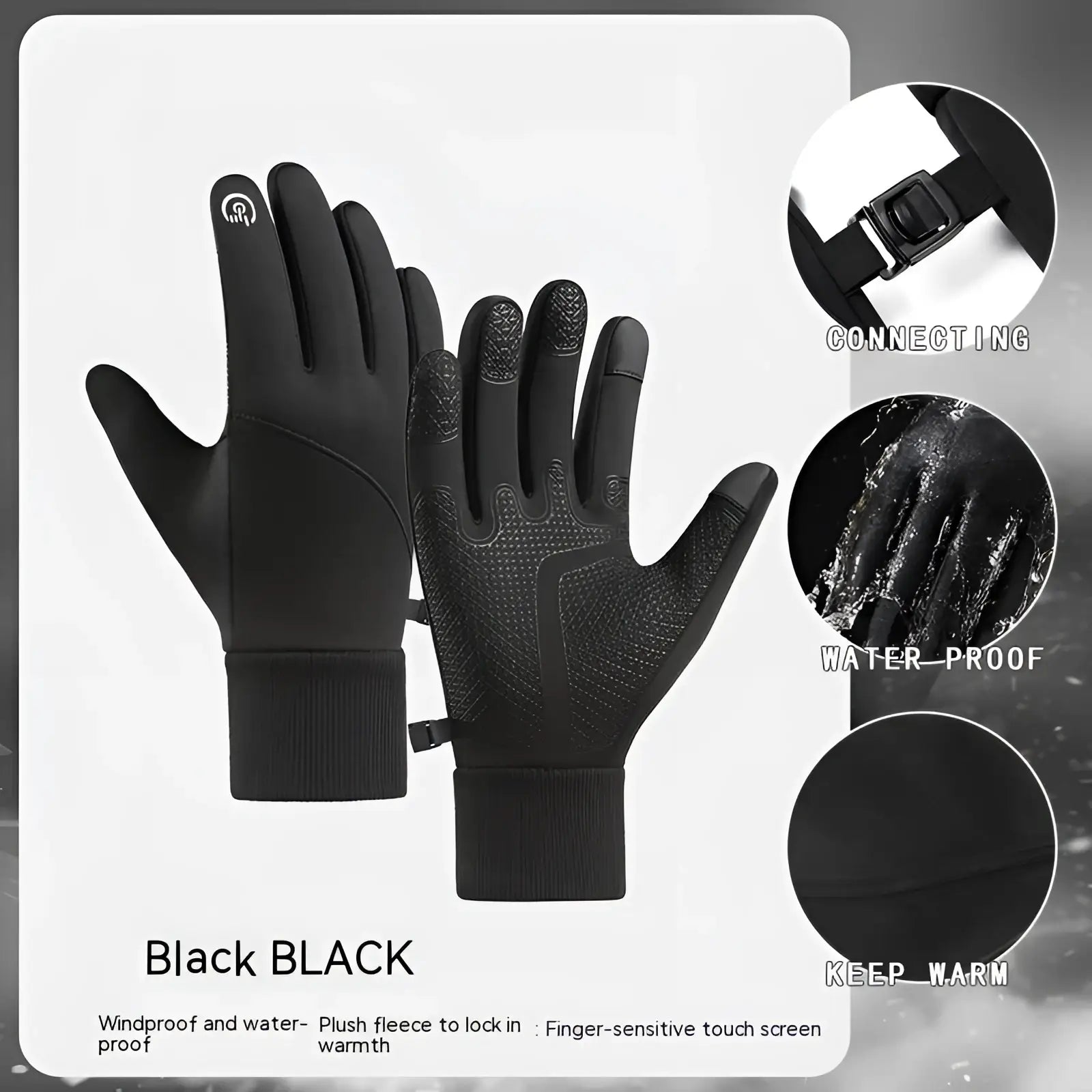 Black touchscreen winter gloves with water-resistant textured exterior and plush fleece interior for sports use