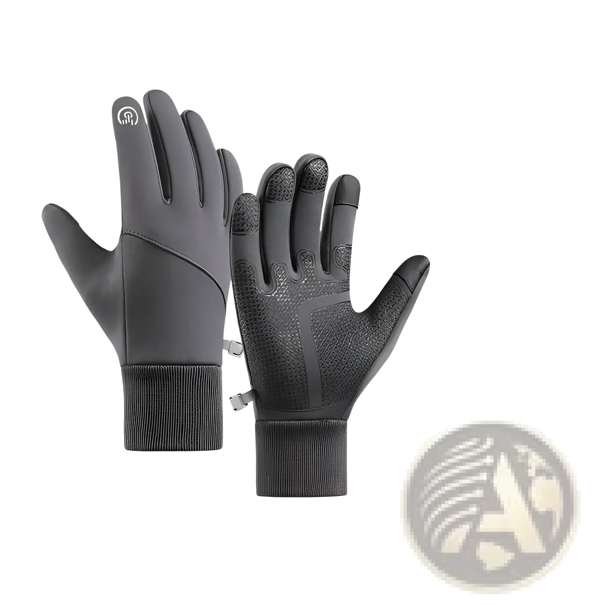 Black touch screen winter gloves with water-resistant fleece and finger-sensitive touch functionality shown from the back side