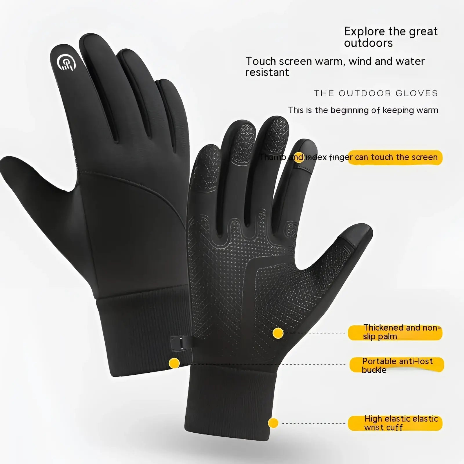 Black touchscreen winter gloves with waterproof fleece and textured grip on palm and fingers for outdoor sports use