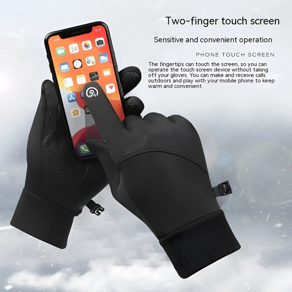 Black waterproof sports fleece touchscreen gloves with textured fingertips and adjustable wrist closures shown from the back