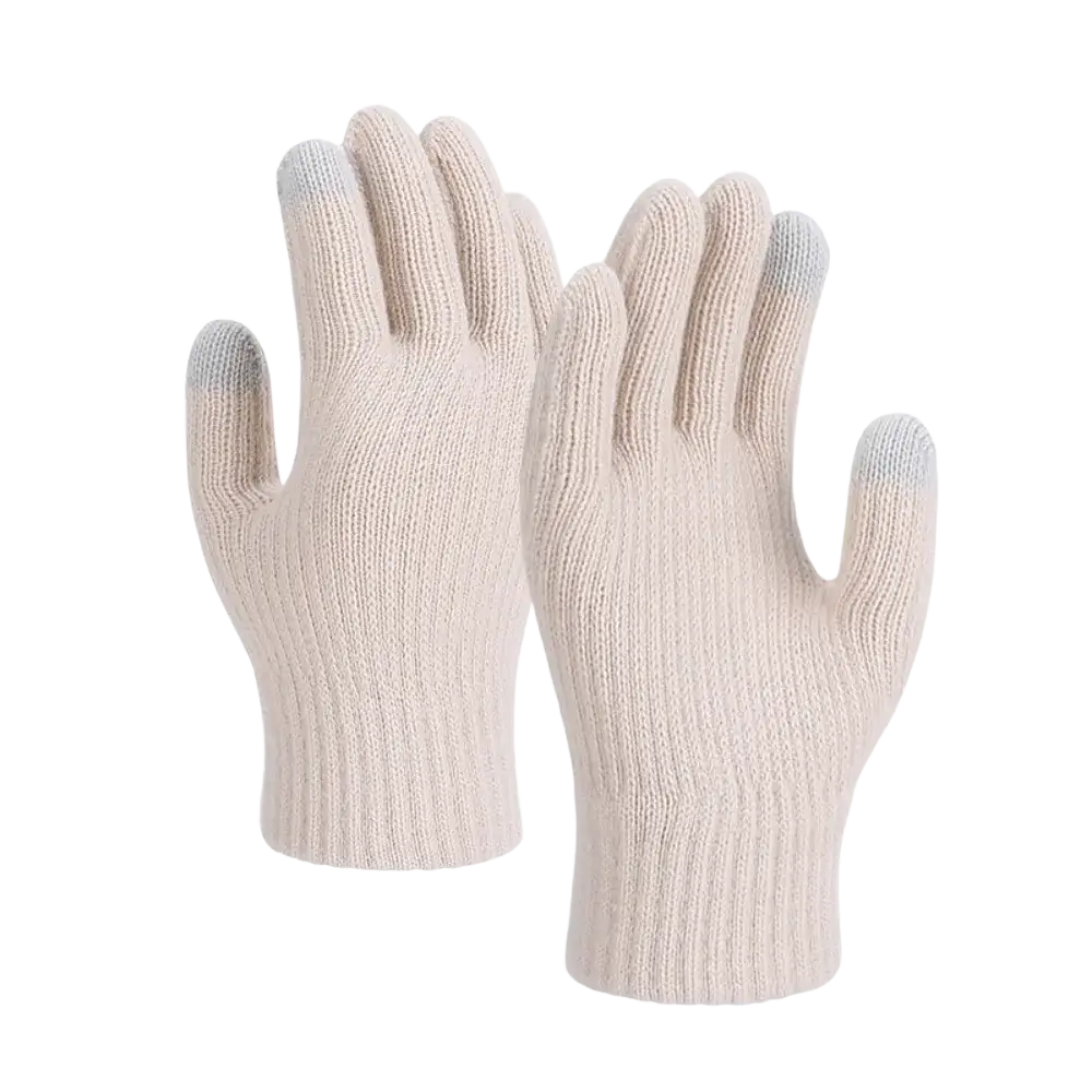 Beige knitted touchscreen winter thermal unisex gloves with light gray fingertips for cold weather use