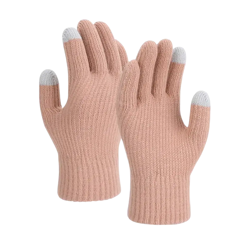 Beige knitted unisex touchscreen winter thermal gloves with light gray fingertips for cold weather use